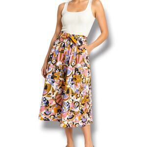 ModCloth Multicolor Abstract Print Tie Waist Midi Skirt Cotton Pockets Small New